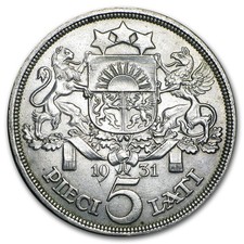 1929-1932 Latvia Silver 5 Lati Avg Circ picture