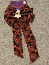 Vintage Halloween Orange Felt Bow with Ghost Spider Web K Mart Decoration picture