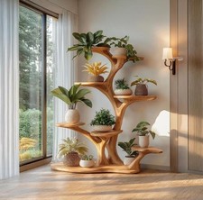 Tree Shaped Wooden Shelf, Natural Wood Tree Bookshelf and Plant Stand, Unique Na picture