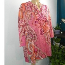 Chico's Paisley Sequin Tunic Top Womens 3 Pink Orange Cotton 3/4 Sleeve Boho picture