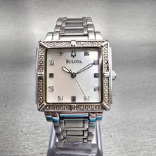 Bulova Watch Women 26mm MOP Dial Silver Tone Gemmed Square 96R107 New Battery picture