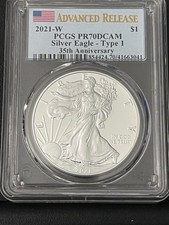 2021 W PROOF SILVER EAGLE PCGS PR70 DCAM ADVANCED RELEASE FLAG LABEL TYPE 1 picture