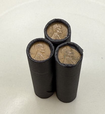 Tightly crimped black wheat penny bank rolls old unsearched coins cent us picture