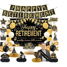 Retirement Party Decorations for Men Women, Black Gold Happy Retirement Banner picture