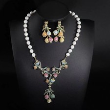 Vintage Lily of the Valley Pearl Necklace Earrings Set Botanical Statement Jewel picture