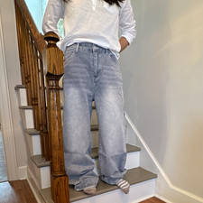 Women’s Gray Wide-Leg Denim Jeans Size L Solid 5-Pocket Design picture