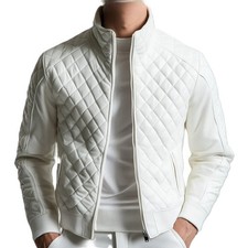 Men's Real Lambskin Leather White Flight Bomber Jacket Quilted Style Biker Coat picture