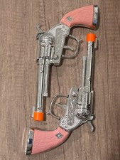 Vintage Halco Pink Grip Diecast Toy Cap Guns 2 Pc Western Revolver Orange Tip picture