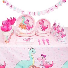 BLUE PANDA 195-Piece Pink Dinosaur Birthday Party Supplies Serves 24 picture