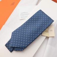 HERMÈS Blue Tie Silk Men Chain Logo France Box 600362 picture