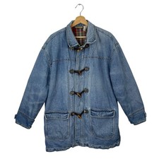 VTG Liz Clairborne Denim Jacket Chore Coat Toggle Close Plaid Lined 80s/90s Sz L picture