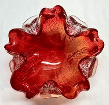 Vintage MCM Murano art glass ashtray candy dish orange red silver flecks 1960s picture