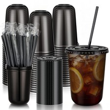 KesaPlan 50 Pack 16 oz Black Plastic Party Cups with Lids 16oz-50pcs, picture