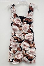 Express Brown Cream Black Floral Linen Blend V Bar Neck Ruched Mini Dress XS picture