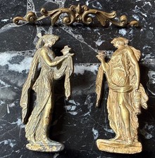 3 Antique Gilt Brass Neoclassical Furniture Mounts Appliques Figural Crest picture