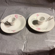 Vintage Pair Royal Court Fine China Candleholders w Handles Carnations Taper EUC picture