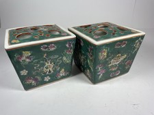 Pair Antique Chinese Famille Verte Porcelain Flower Bricks Qing Jiaqing Mark picture