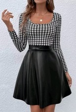 NWOT SHEIN SzL B&W Houndstooth Scoop Neck Contrast PU Skirt Fit & Flare LS Dress picture
