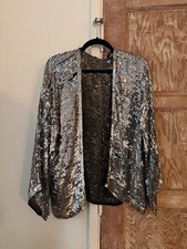 Vintage Silver Sequin Open Front Jacket Dolman Batwing Sleeves Plus Friendly picture