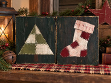 Primitive Christmas Tree Stocking Set of 2 Hand Painted Reclaimed Wood picture