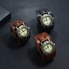 Vintage Retro Leather Cuff Bracelet Wide Band Steampunk Mens Quartz Wrist Watch picture