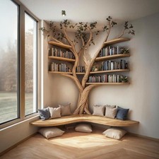 Rustic Tree Branch Floating Corner Shelf with L-Shaped Bench,Handmade Driftwood picture