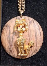Vintage 1960s Poodle Wood Medallion Necklace Gold Tone Red Rhinestone Eyes Mid C picture