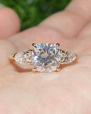 2.80CT Cushion VS Lab Grown Diamond Three Stone Wedding Ring Set Yellow Gold 14K picture
