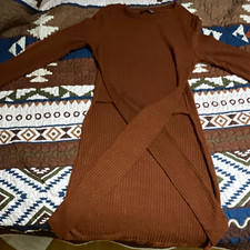 SHEIN Brown Ribbed Knit Bodycon Short Dress S Long Sleeve Round Neck Cut Out picture