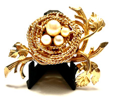 Vintage Marvella Brooch of a Bird's Nest With Pearl Eggs on a Branch picture