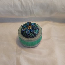 Handmade Green & Silver Round Trinket Bowl with hand-painted Flower Lid picture