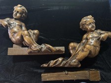 PAIR 19thC Italian Baroque Carved Walnut Putti Cherub Allegorical Sculptures picture