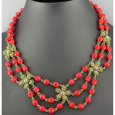 Vintage Freirich Necklace Triple Scalloped Red Faceted Glass Beads Green Flowers picture