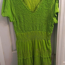 Signature Plus 2X Green Solid Maxi Dress Smocked V-Neck Short Sleeve Cotton picture