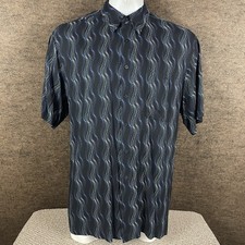Marc Edwards Shirt Mens XL Black Teal Wavy Trippy Rayon Button Rave Club D25 picture