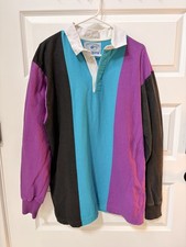 Vintage 90s Land's End Rugby Jersey Men USA Blue Purple Stripe Polo Size Large picture