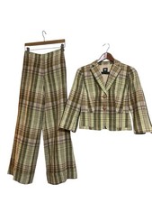 VINTAGE Worth Plaid Wide Leg Pant Suit Crop Blazer & Scarf Tan/ Olive Womens 4 picture
