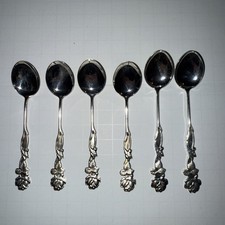 Vintage Finnish Alpaca Silver Demitasse Spoon Set Of 6 Rose Pattern Alpakka KkOy picture