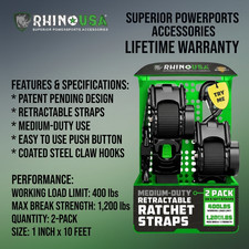 Rhino USA 1in x 10ft Black Retractable Ratchet Straps 2 Pack 1209lb picture