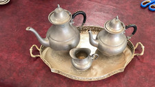 Vintage Kurz Tiel Holland Real Pewter Coffee Tea Set Tray Rattan Handles MCM  picture