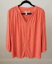 Chico's Women’s Orange Solid V-Neck 3/4 Sleeve Pullover Blouse 2XL Trim picture