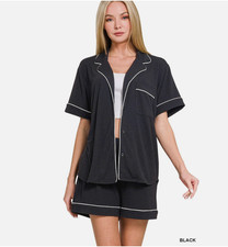 Zenana Women's Button Down Lounge Set - Black Size Medium NEW picture