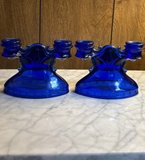 Vintage Pair L.E. Smith Blue Cobalt Glass Mount Pleasant Double Candle Holders picture