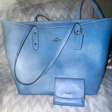 Coach Blue City Tote Zip Tote Bag w/ Matching Wallet, Inner Pockets picture