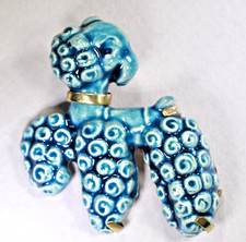 Vtg. Antique Ceramic French Poodle Brooch Pin Art Deco Dog Brass Back Aqua picture