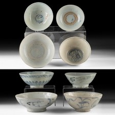 Four Ming Dynasty 15th-16th Cent Blue & White Porcelain Bowls Shipwreck Recovery picture