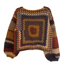 Handmade Granny Square Crochet Sweater Earth Tone Multi Color Boho Boxy Crop picture