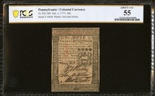 1773 PENNSYLVANIA Colonial Currency American Revolution Bank Note PA-169 PCGS 55 picture