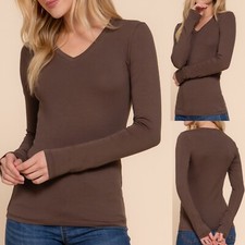 Womens V-Neck Cotton Stretch Long Sleeve Top T-Shirt Plain Fitted Layering picture
