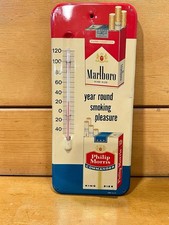 Vintage Philip Morris Marlboro Cigarette Tin Thermometer Sign 1960s Litho USA picture